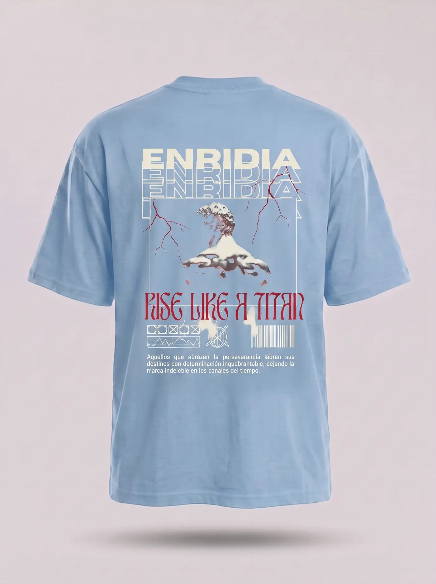 Oversize Rise Like a Titan en azul cielo, espalda completa sobre fondo gris claro