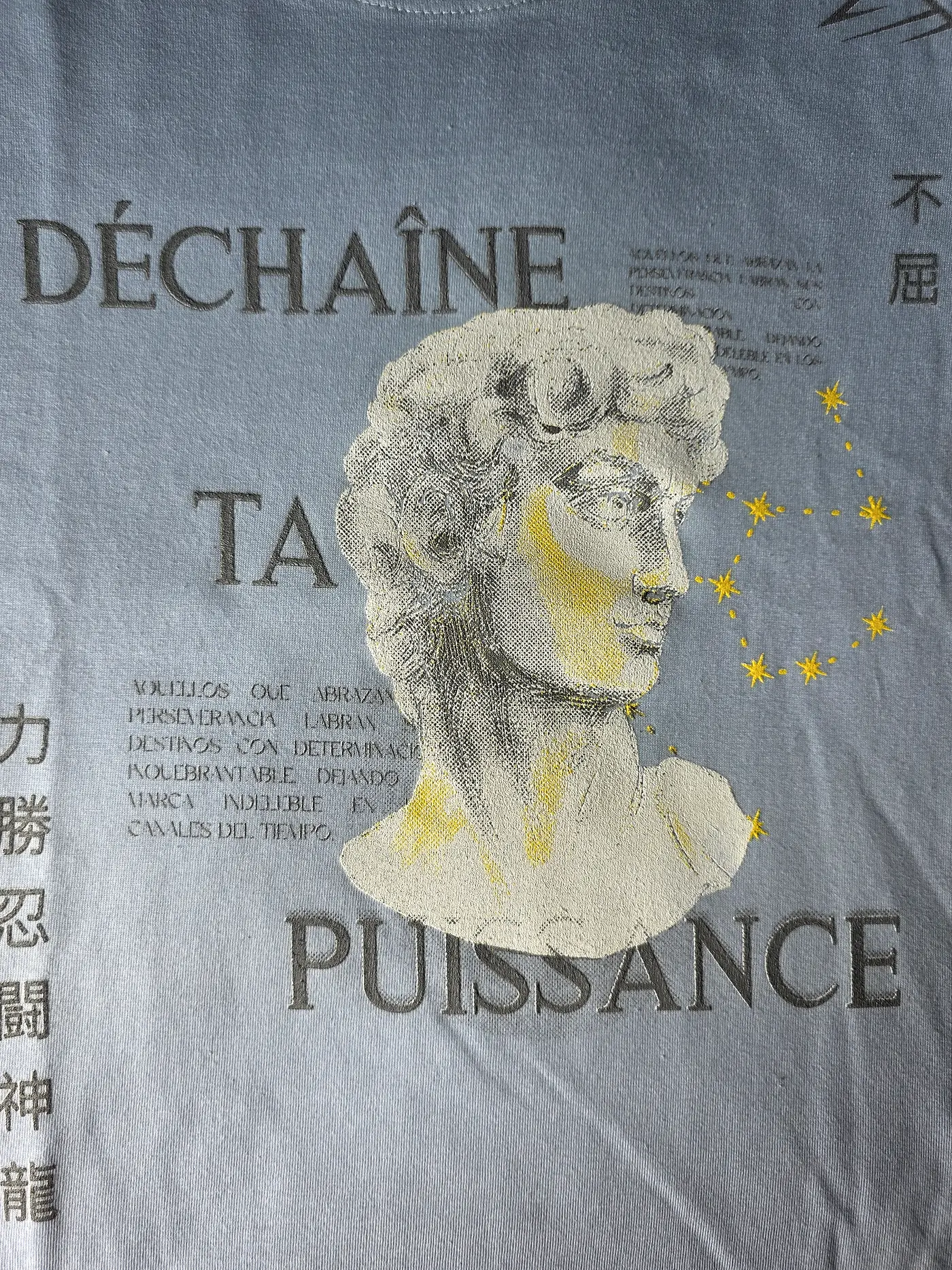Detalle del busto clásico y la tipografía del frente sobre algodón azul cielo
