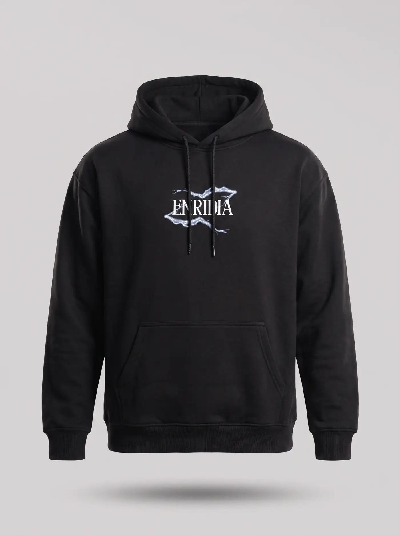 Hoodie Reborn To Dominate en negro, prenda completa sobre fondo gris claro