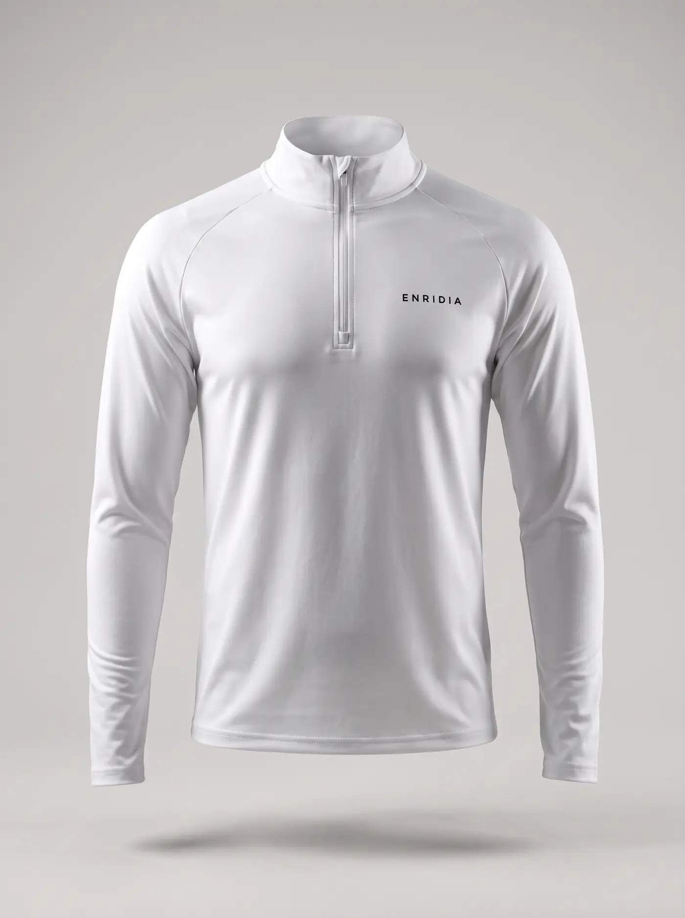 Long sleeve de media cremallera en blanco, prenda completa sobre fondo gris claro